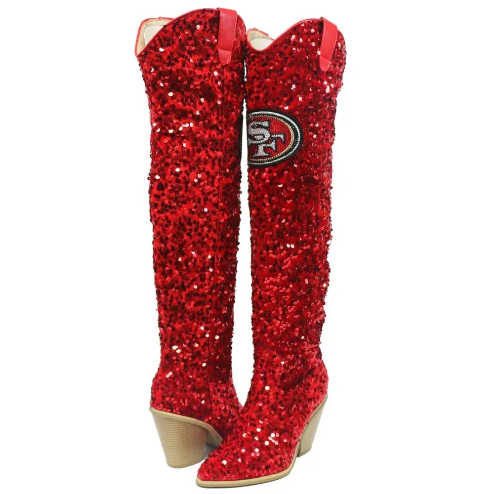 NFL Licensed Team Colored Sequin Over the Knee Boot-San Francisco 49ers - Picture 2 of 3